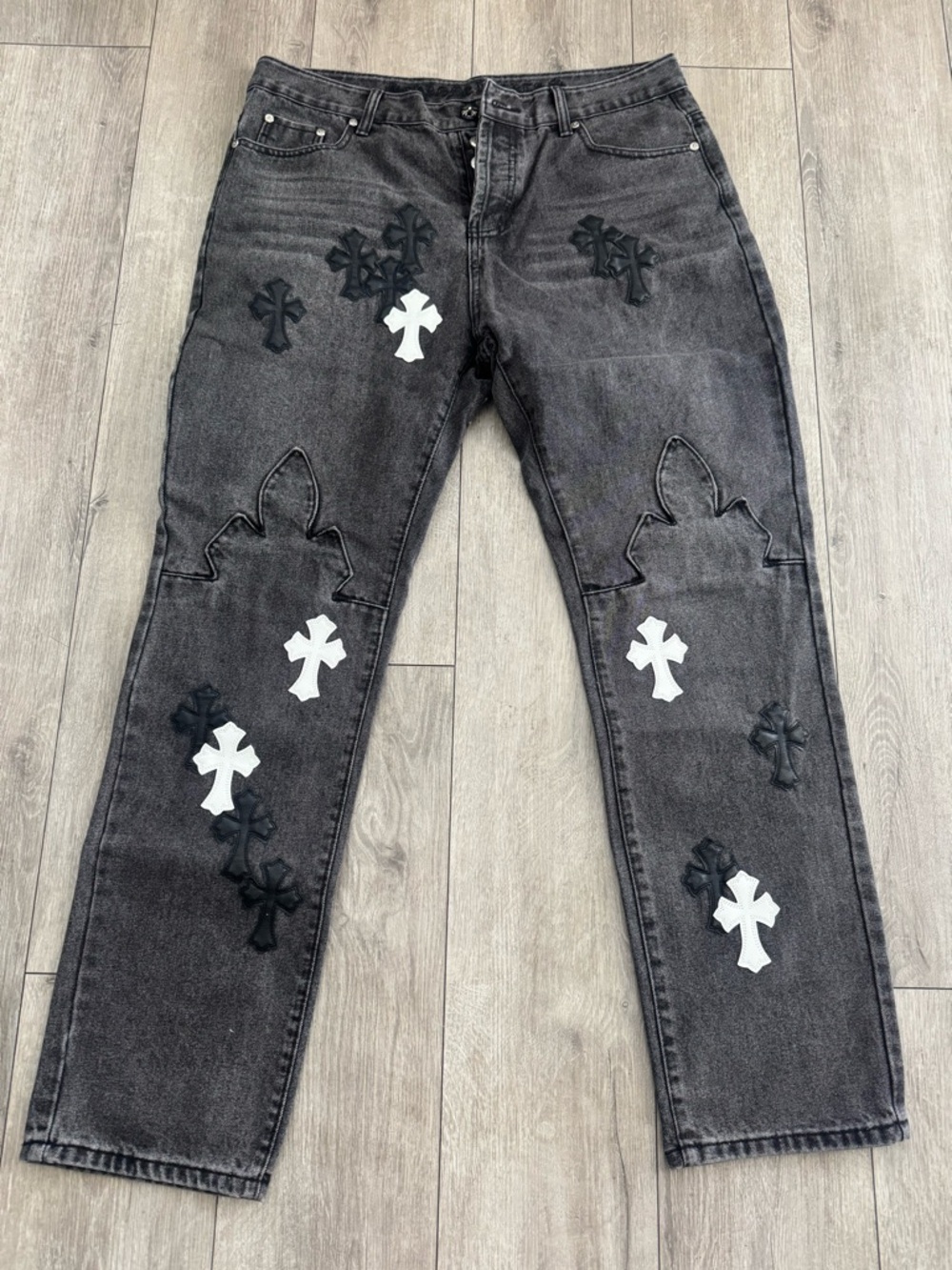 Chrome Hearts Black Gray Cross-Appliqué Straight Jeans
